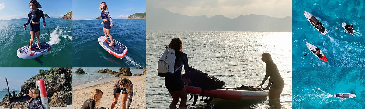 Riders using the Waydoo UniRide in eFoil mode, carrying the eFoil float on the beach, setting up on the sand, launching an eSUP at sunset and riding eSUP and eKayak seen from above
