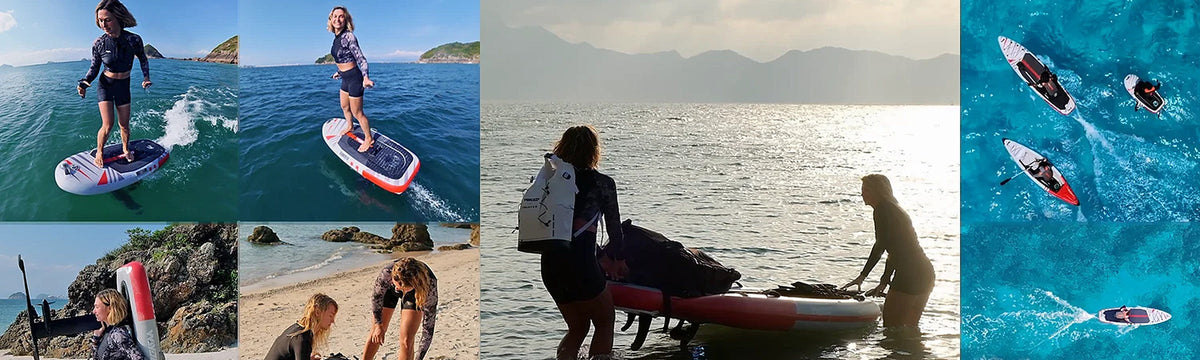 Riders using the Waydoo UniRide in eFoil mode and carrying the eFoil float on the beach