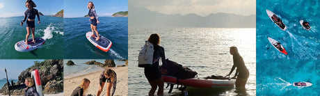 Riders using the Waydoo UniRide in eFoil mode and carrying the eFoil float on the beach